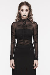 Black Long Sleeves Floral Embroidery Mesh Women's Gothic Blouse